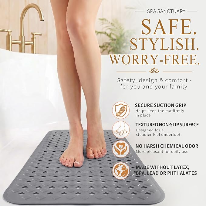 Yimobra Bathtub Mat Non Slip, 35"X16" Shower Mat with Strong Suction Cups & Drain Holes, Long Anti Slip Bath Tub Mat for Inside Shower, Machine Washable Fast Drying, Bathroom Essentials, Gray