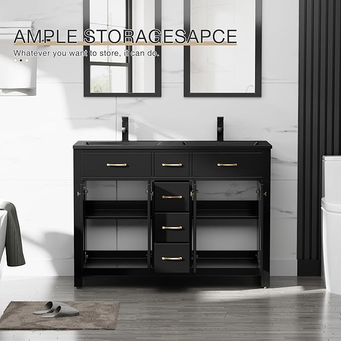 LUCKWIND 48" Bathroom Vanity with Sink Combo, Painted Modern Bathroom Storage Cabinet with Double Resin Black Sink, Four Doors and Three Drawers, Include Faucet Without Mirror, Black
