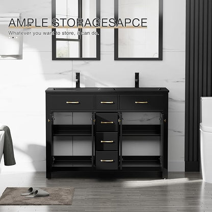 LUCKWIND 48" Bathroom Vanity with Sink Combo, Painted Modern Bathroom Storage Cabinet with Double Resin Black Sink, Four Doors and Three Drawers, Include Faucet Without Mirror, Black