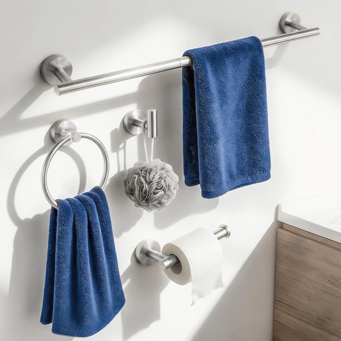 HOMOTEK 4 Pieces Bathroom Accessories Hardware Set, 24 inch Towel Bar, Towel Ring, Robe Hook, Toilet Paper Holder, Stainless Steel Rack Kit Wall Mounted, Brushed Stainless Steel