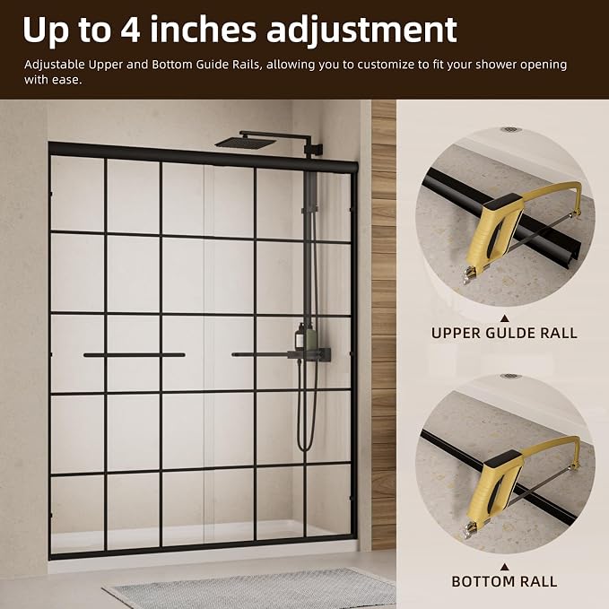 Semi-Frameless Sliding Shower Door 56-60"W x 72"H ,Grid Pattern Matte Black | Grid Pattern Design,6mm SGCC Tempered Glass,Nano Coating Easy Clean.Walk-in & Bathtub Use,Reversible Installation