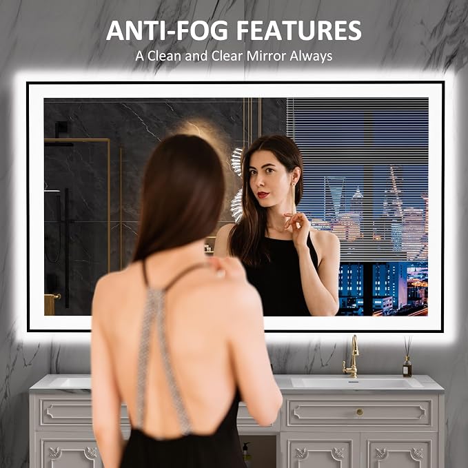 LOAAO 60"X36" LED Bathroom Mirror Black Framed | Anti-Fog, Dimmable, Memory Function, Tempered Glass, Lighted Vanity Mirror for Wall