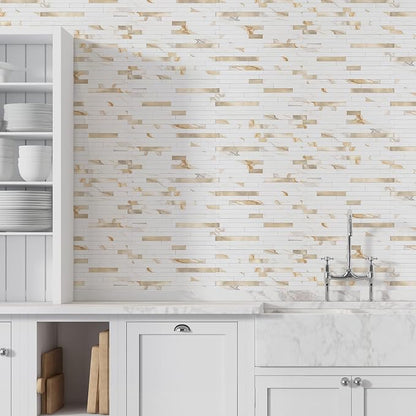STICKGOO 20 Sheets Peel and Stick Backsplash Tile, Stick on Backsplash for Kitchen and Bathroom, Calacatta Gold Marble Look PVC Mixed Gold Self Adhesive Wall Tiles