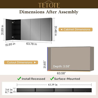 TETOTE 64 x 32 Medicine Cabinet with Tempered Beveled Mirror Black Aluminum Cabinet DTC Hinges, Stepless Adjustable Shelves, Recessed/Surface-Mounted