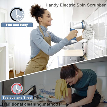 Electric Spin Scrubber, IEZFIX Electric Cleaning Brush Bathroom Shower Scrubbing Cleaner Brush Power Scrubber Cordless with 4 Replaceable Brush Heads for Bathtub, Tile, Floor, Toilet, Kitchen - Blue