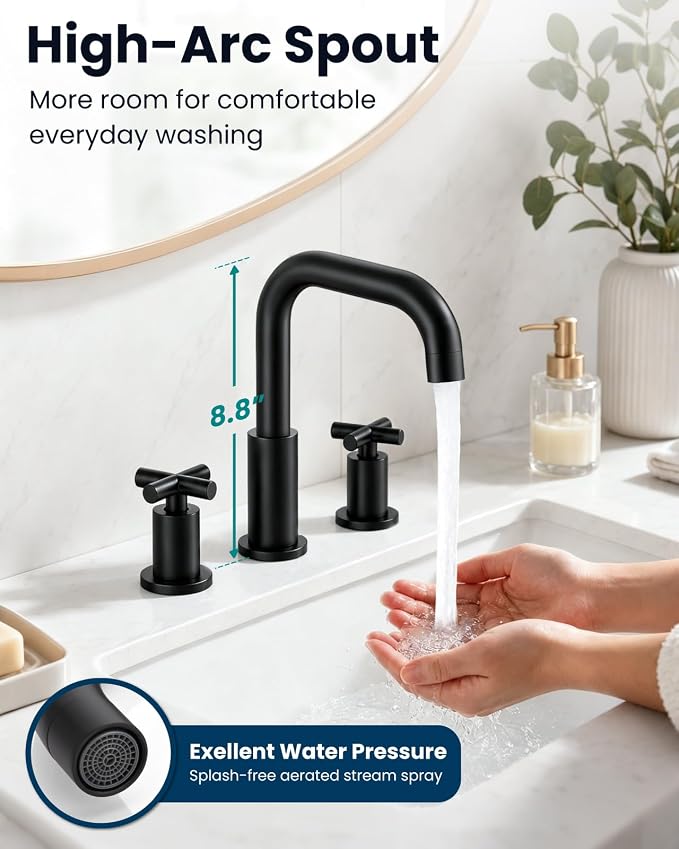 gotonovo Widespread 8 inch 3 Hole Bathroom Sink Faucet Matte Black | 2 Cross Handle Bathroom Faucet,SUS304,360° Swivel Spout,24’’ cUPC Hose,Pop Up Drain,6-16’’ Vanity,Sink,Lavatory,Basin,RV