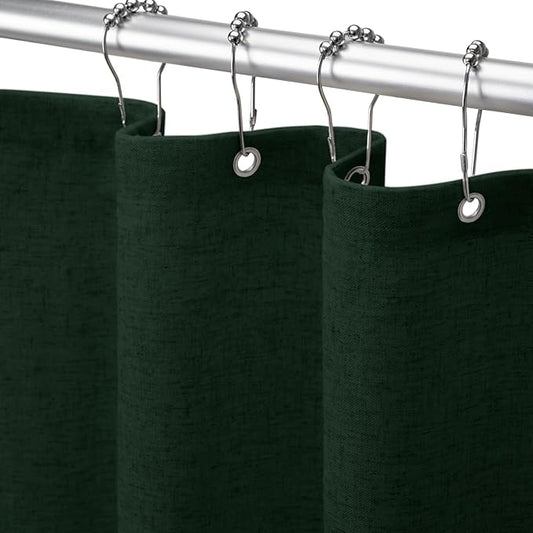 Linen Shower Curtain Dark Green, Fabric Boho Farmhouse Shower Curtains for Bathroom Cotton Natural Cloth Liner Set 72" W x 72" L