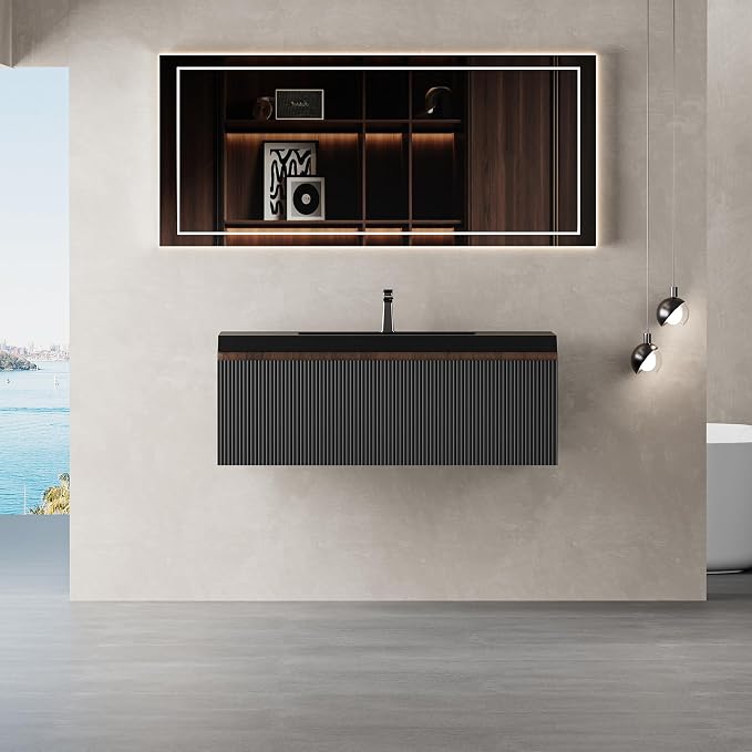 36" Floating Bathroom Vanity with Sink, Wall-Mounted Smoked Walnut Storage Cabinet, Wave-Textured Soft-Close Drawer & Matte Black Quartz Sand Basin
