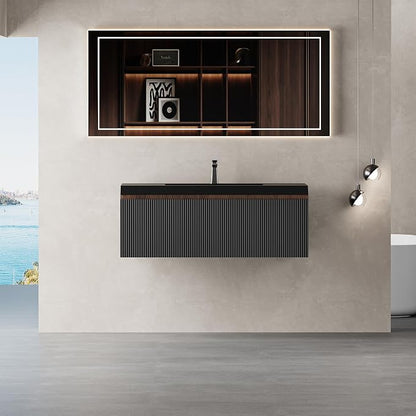 36" Floating Bathroom Vanity with Sink, Wall-Mounted Smoked Walnut Storage Cabinet, Wave-Textured Soft-Close Drawer & Matte Black Quartz Sand Basin