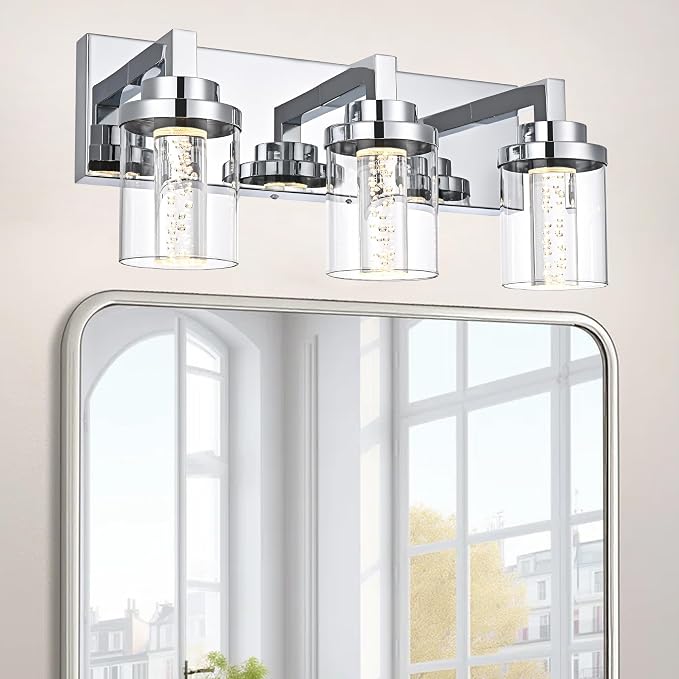MELUCEE Modern LED Bathroom Vanity Light Bar Chrome, 5CCT Adjustable | Bubble Crystal Vanity Lights Over Mirror 3 Light Bath Wall Light Fixture with Clear Glass Shade, Built-In LED Chips