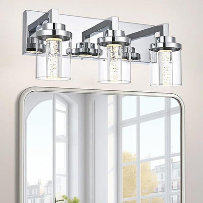 MELUCEE Modern LED Bathroom Vanity Light Bar Chrome, 5CCT Adjustable | Bubble Crystal Vanity Lights Over Mirror 3 Light Bath Wall Light Fixture with Clear Glass Shade, Built-In LED Chips