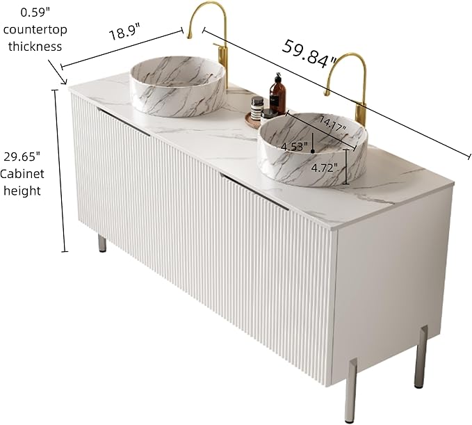 Ambrovina 60" Bathroom Vanity with Double Sink, Freestanding Bathroom Storage Cabinet with 4 Soft-Closing Doors, 2 White Round Ceramic Basins and Carrara White Sintered Stone Countertop, White