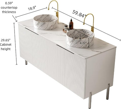 Ambrovina 60" Bathroom Vanity with Double Sink, Freestanding Bathroom Storage Cabinet with 4 Soft-Closing Doors, 2 White Round Ceramic Basins and Carrara White Sintered Stone Countertop, White