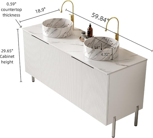 Ambrovina 60" Bathroom Vanity with Double Sink, Freestanding Bathroom Storage Cabinet with 4 Soft-Closing Doors, 2 White Round Ceramic Basins and Carrara White Sintered Stone Countertop, White