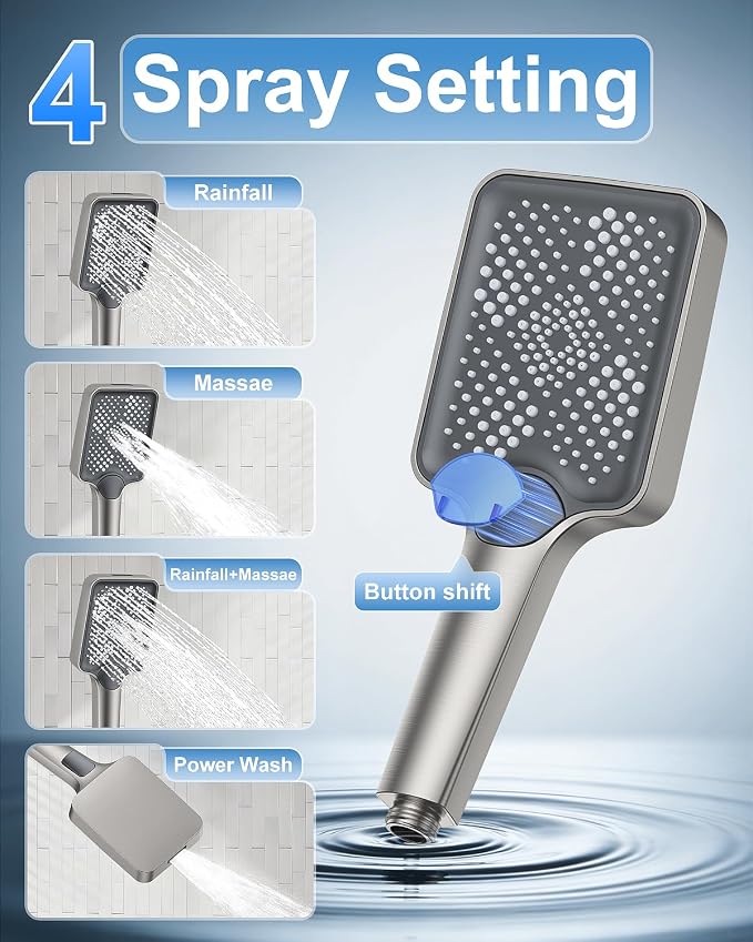 Shower System 13-Inch Rainfall Shower Head - 3 Setting Handheld Sprayer, Complete Bathroom Set with Faucet Mixer Trim Kit & Valve Brushed Nickel