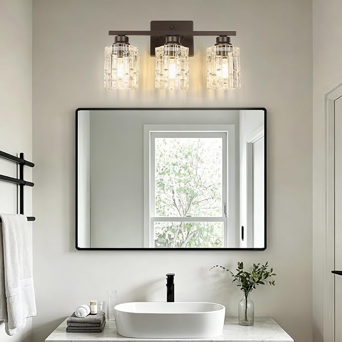 Refice 3-Light Bathroom Vanity Lights Crystal Glass, Oil Rubbed Bronze | Bathroom Light Fixtures Vanity Lighting Over Mirror for Living Room Farmhouse, Hallway