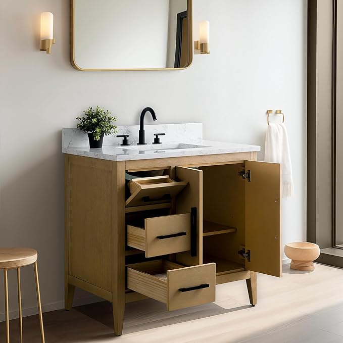 Vanity Art 36 inch Bathroom Vanity with Single Sink & Ceramic Top, Vanity Cabinet with Soft-Closing Doors, Drawers, Solid Wood Frame, Natural Oak,VA9036-NO-BN1