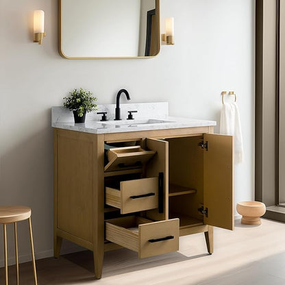 Vanity Art 36 inch Bathroom Vanity with Single Sink & Ceramic Top, Vanity Cabinet with Soft-Closing Doors, Drawers, Solid Wood Frame, Natural Oak,VA9036-NO-BN1