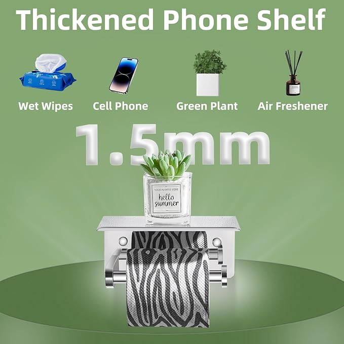 Polished Chrome Toilet Paper Holder with Phone Shelf, Wall Mounted | Sturdy 304 Stainless Steel, Fits Bathroom, Restroom, Powder Room, Heavy Duty Paper Roll & Tablet Storage Tissue Dispenser