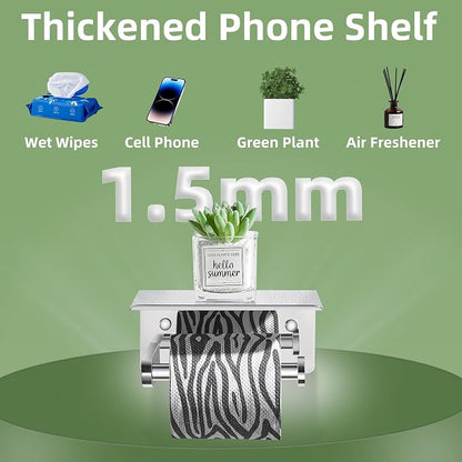Polished Chrome Toilet Paper Holder with Phone Shelf, Wall Mounted | Sturdy 304 Stainless Steel, Fits Bathroom, Restroom, Powder Room, Heavy Duty Paper Roll & Tablet Storage Tissue Dispenser