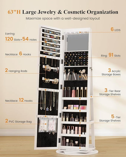 LVSOMT LED Jewelry Cabinet Standing, 360° Swivel Jewelry Armoire, White | Full Length Mirror with Storage, 3 Rear Shelves, Internal Mirror, 3 Color Lights, Lockable for Bedroom, Women Girls Gift
