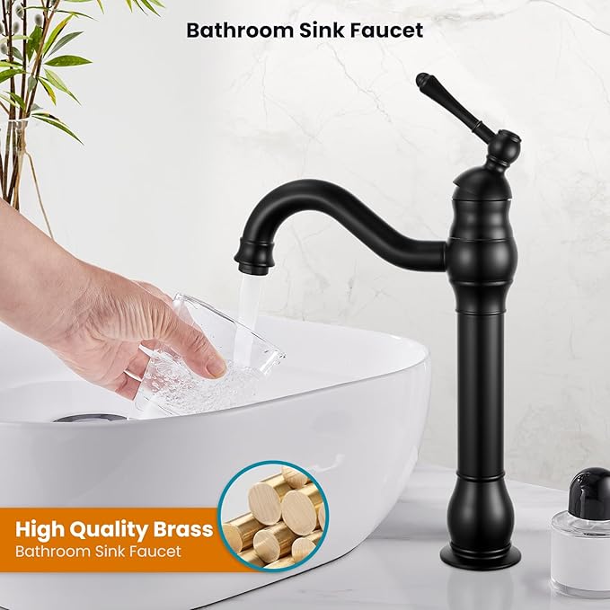 gotonovo Vessel Sink Faucet 360° Swivel Spout Single Handle Tall Bathroom Faucet 1 Hole Farmhouse Lavatory Washbasin Mixer Tap Matching Supply Hoses, Without Pop Up Drain, Matte Black