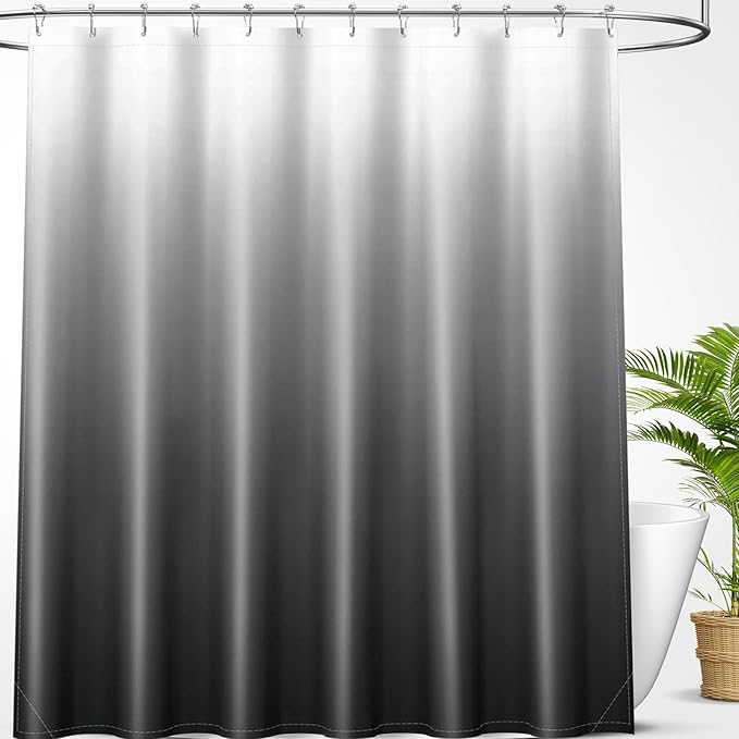 OLANLY Luxury Dark Grey and White Ombre Shower Curtain Sets with 12 Hooks, Waterproof and Washable Decorative Shower Curtains for Bathroom, 72x72 Inches