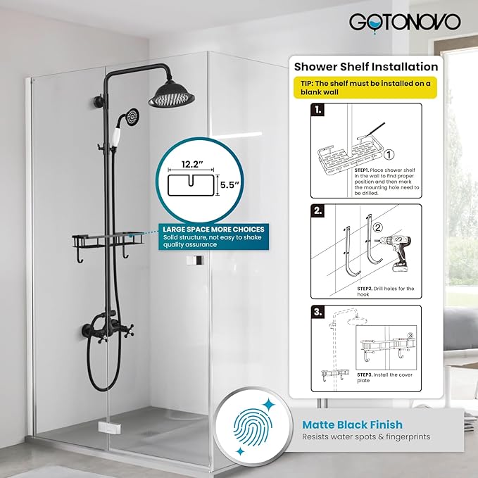 gotonovo Matte Black 8 inch Rainfall Shower Head Dual Functions Wall Mounted Exposed Shower Faucet with Shower Shelf Double Cross Handles With Adjustable Ceramics Handheld Sprayer Shower Shower System