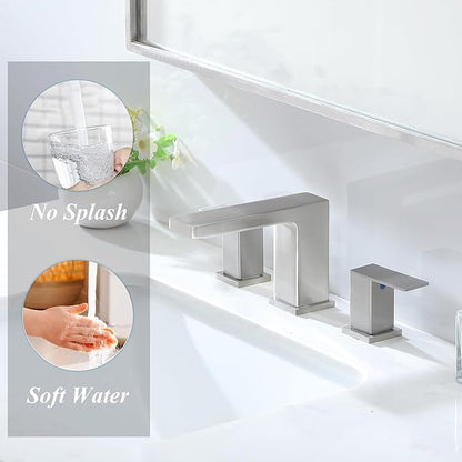 VC CUCINE Brushed Nickel 3 Hole Bathroom Faucet, 2 Handles, 8 Inch, Modern Vanity Sink Faucet with Drain and Supply Lines