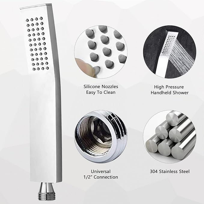 NearMoon Hand Held Shower Head, Luxury High Pressure Shower Kit with Wall Connector and Hose Set, for Bathroom Showering System Contemporary Square Style (Chrome Finish)