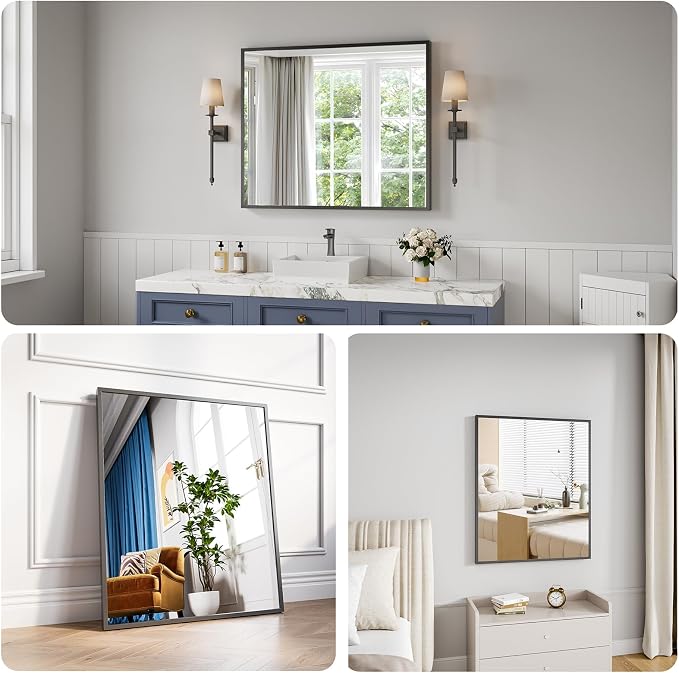 Koonmi Bathroom Mirror for Wall, 30"x36" Black Bathroom Mirror for Over Sink, Shatterproof Tempered Glass Vanity Mirror with Anti-Rust Aluminum Alloy Frame, Hang Horizontally or Vertically