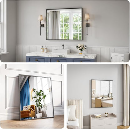 Koonmi Bathroom Mirror for Wall, 30"x36" Black Bathroom Mirror for Over Sink, Shatterproof Tempered Glass Vanity Mirror with Anti-Rust Aluminum Alloy Frame, Hang Horizontally or Vertically