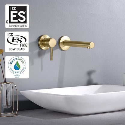 sumerain Bathroom Vanity Basin Faucet Wall Mount Left-Handed Single Handle with Rough in Valve, Brushed Gold