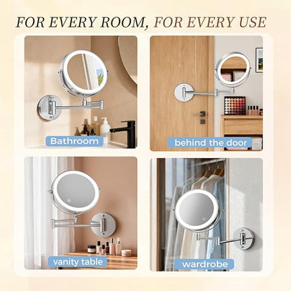 Rocollos Rechargeable Wall Mounted Lighted Makeup Mirror Chrome, 8 Inch Double-Sided LED Vanity Mirror 1X/10X Magnification,3 Color Lights Touch Screen Dimmable 360°Swivel 13 Inch Extendable