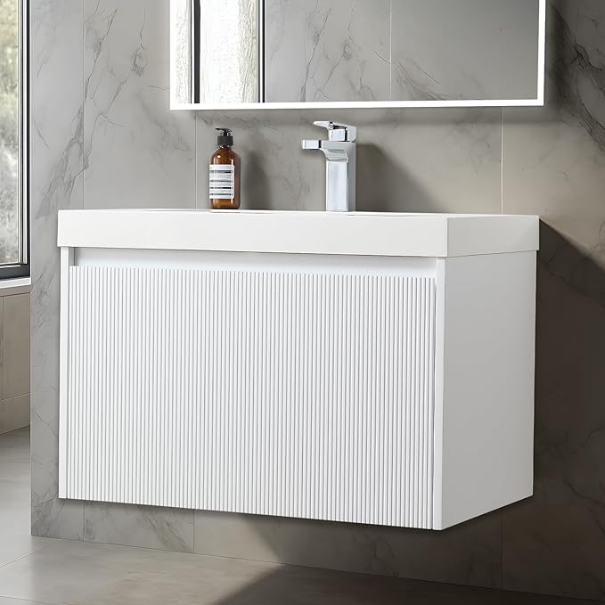 Blossom 30 Inch Bathroom Vanity with Sink | All Wood Wall Mounted Floating Vanity Cabinet with Acrylic Sink | Soft-Close Drawer | Modern Minimalist Style (30" w/Acrylic Basin, Matte White)