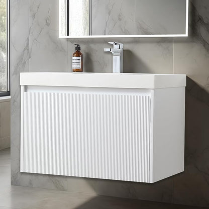 Blossom 30 Inch Bathroom Vanity with Sink | All Wood Wall Mounted Floating Vanity Cabinet with Acrylic Sink | Soft-Close Drawer | Modern Minimalist Style (30" w/Acrylic Basin, Matte White)