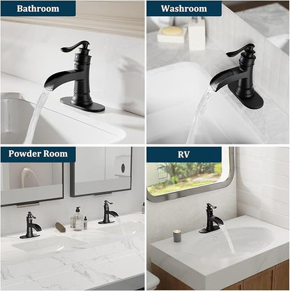 Matte Black Waterfall Bathroom Faucet, Single Handle Bathroom Sink Faucet 1 Hole or 3 Hole, Vanity Sink Faucet for Vintage Antique Lavatory Washroom with Pop Up Drain, Deck, 2 Hoses