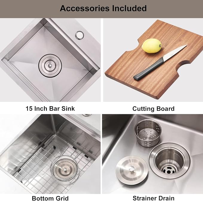 Bar Sink, 15 x 15 Inch Bar Sink Drop In, Stainless Steel Square Topmount Workstation Small Kitchen Sink, Single Bowl Kitchen Sink for Office Laundry Wet Bar Prep RV Outdoor Yard