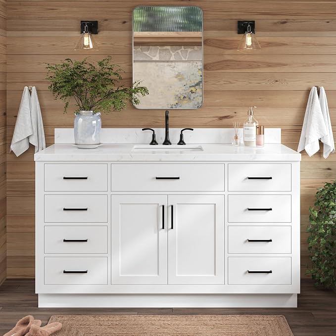 ARIEL Hepburn 60-inch Bathroom Vanity with Sink,Solid Wood, 1.5-inch Carrara White Quartz Countertop & Backsplash, Single Rectangular Porcelain Sink, 2 Soft Closing Doors, 9 Dovetail Drawers, White