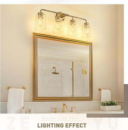 zeyu 4-Light Bathroom Light Fixtures, Gold Vanity Lights for Bathroom, 31 Inch Wall Sconce Lighting, Brushed Gold Finish, Clear Glass Finish, ZS62B-4W BG