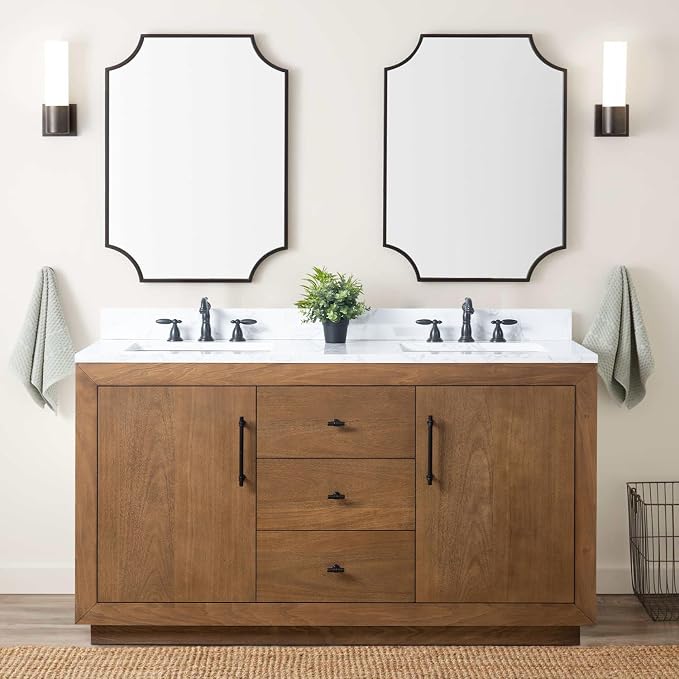 Vanity Art 60 inch Double Sink Bathroom Vanity, Vanity Cabinet with Doors and Shelf, Modern Wood Bathroom Vanity with White Marble Top, Solid Wood Frame, 3 Functioning Drawers, VA7060DE