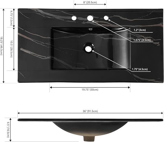 JONATHAN Y SNK1003D Ancillary 3-Hole 36 in. W x 18.25 in. D Classic Contemporary Rectangular Ceramic Single Sink Basin Vanity Top, Black Marble Effect