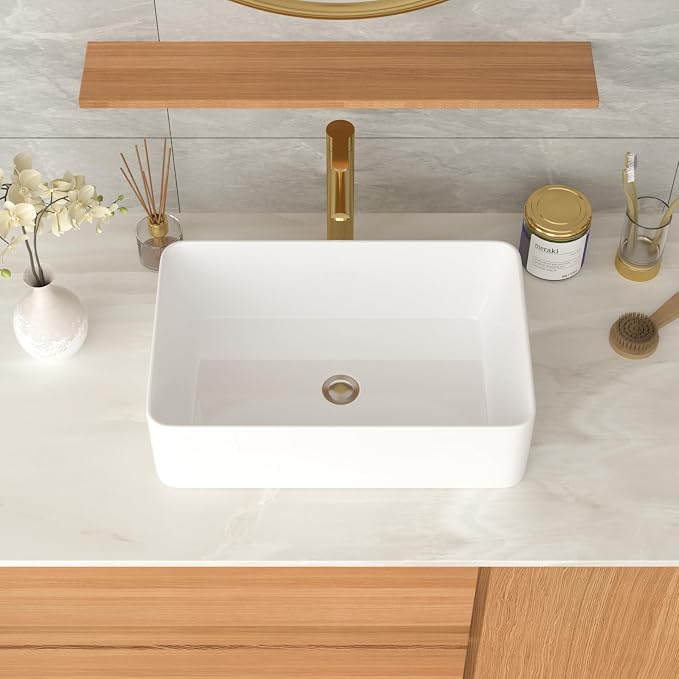 White Bathroom Vessel Sink Ceramic Vanity Art Basin Above Counter | 21"x14" Rectangular Bathroom Sink Porcelain Vessel Vanity Sink