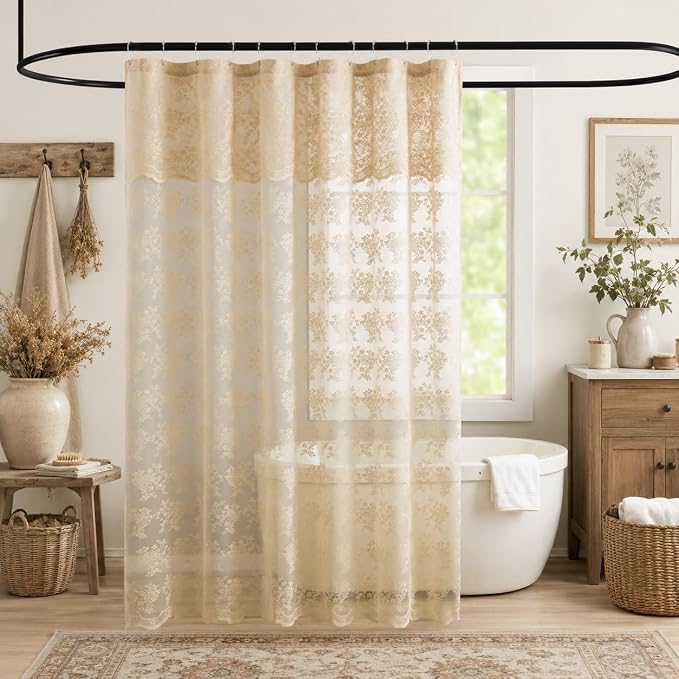 TUDECO Beige Lace Shower Curtain with Attached Valance, 72 x 72 Inch | Antique Vintage, Floral Pattern, Tan Bathroom Curtain, Scalloped Edges, Light Filtering, Soft Privacy, Reinforced Holes