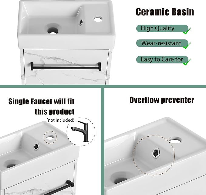 16" Floating Bathroom Vanity with Sink, Modern Wall-Mounted Cabinet Set for Small Spaces