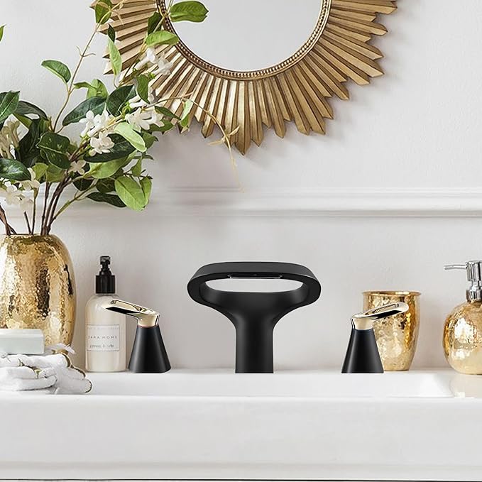 Black Bathroom Faucet 3 Hole, Modern Faucet for Bathroom Sink with Adjustable Spout, Solid Brass 8 Inch Widespread Waterfall Bathroom Faucets with Water Supply Hoses and 2 Gold Handles