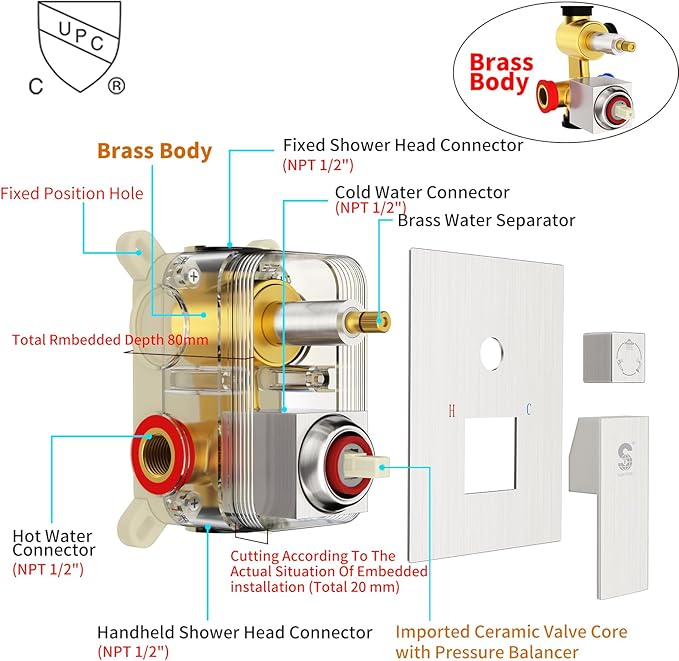 SR SUN RISE 12 Inches All Metal Square Shower System with Tub Spout, Tub Shower Faucet Set, High Pressure Rain Shower Head and Handheld Sprayer Combo Shower Fixtues, Valve Included, Brushed Nickel