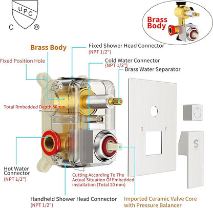 SR SUN RISE 12 Inches All Metal Square Shower System with Tub Spout, Tub Shower Faucet Set, High Pressure Rain Shower Head and Handheld Sprayer Combo Shower Fixtues, Valve Included, Brushed Nickel