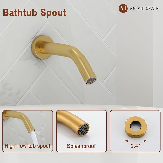MONDAWE 9 Inch Wall Mounted Shower Faucet Set with Tub Spout in Brushed Gold, Rainfall Shower Head with 3-Setting Handheld Spray Shower Combo, High Pressure Shower System with Solid Brass Valve