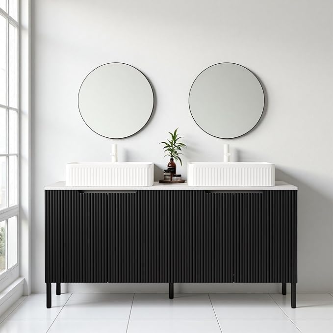 Ambrovina 60" Bathroom Vanity with Double Sink, Freestanding Bathroom Storage Cabinet with 4 Soft-Closing Doors, 2 White Round Ceramic Basins and Carrara White Sintered Stone Countertop, White